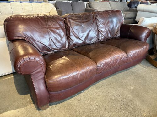 Brown Leather Three Seater Sofa with Rolled Arms