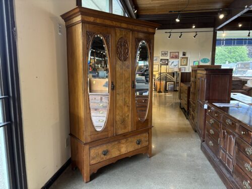 Antique Art Nouveau Wardrobe with Oval Mirrored Doors