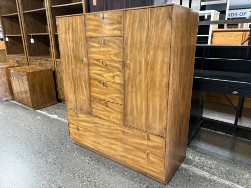 HICKORY MANUFACTURING Vintage Mid-Century Brass Walnut 12-Drawer Armoire