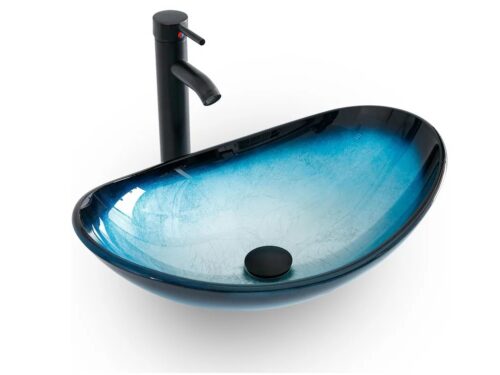 NEW! Boat Shape Blue Glass Vessel Sink with Faucet in Black
