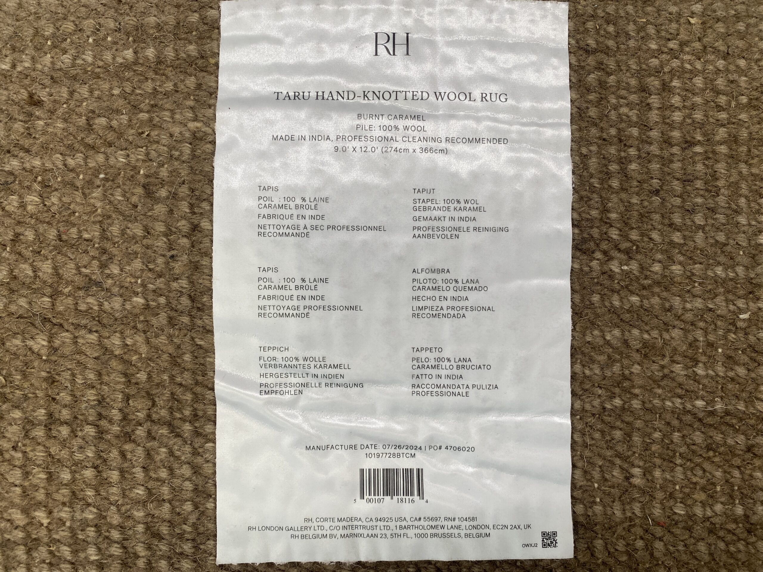RESTORATION HARDWARE Taru Hand-Knotted 100% Wool Rug in Burnt Caramel