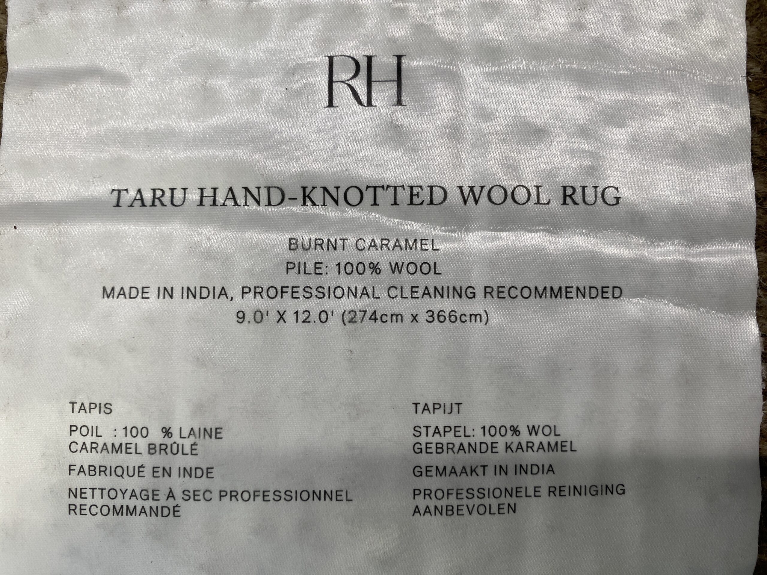 RESTORATION HARDWARE Taru Hand-Knotted 100% Wool Rug in Burnt Caramel