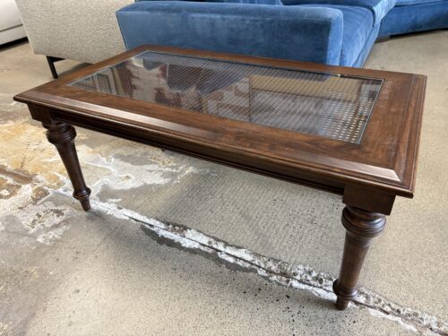 BOMBAY CO. Dark Wood Turned Leg Cane & Glass Top Rectangular Coffee Table