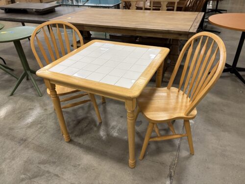 Honey Finished Square Tile Top Dining Table with 2 Slat Back Chairs