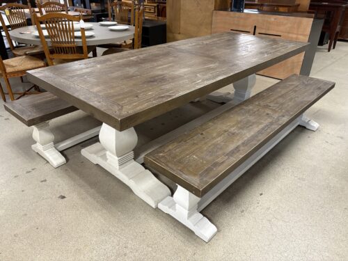 Whitewashed Rustic Farmhouse Trestle Table w/ 2 Dining Benches