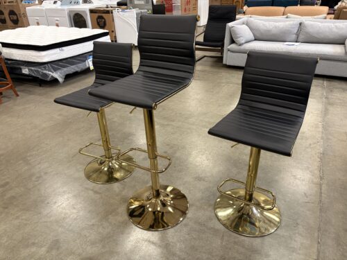 Black Channel Stitched Leather Pneumatic Barstool with Gold Tone Base (Set of 3)