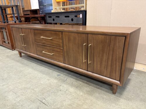 BAYSIDE FURNISHINGS MCM Style Walnut Finished Media Console with Gold Tone Rail Pulls