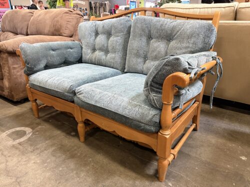 ETHAN ALLEN Vintage Spindle Back Wooden Sofa with Tufted Turquoise Cushions