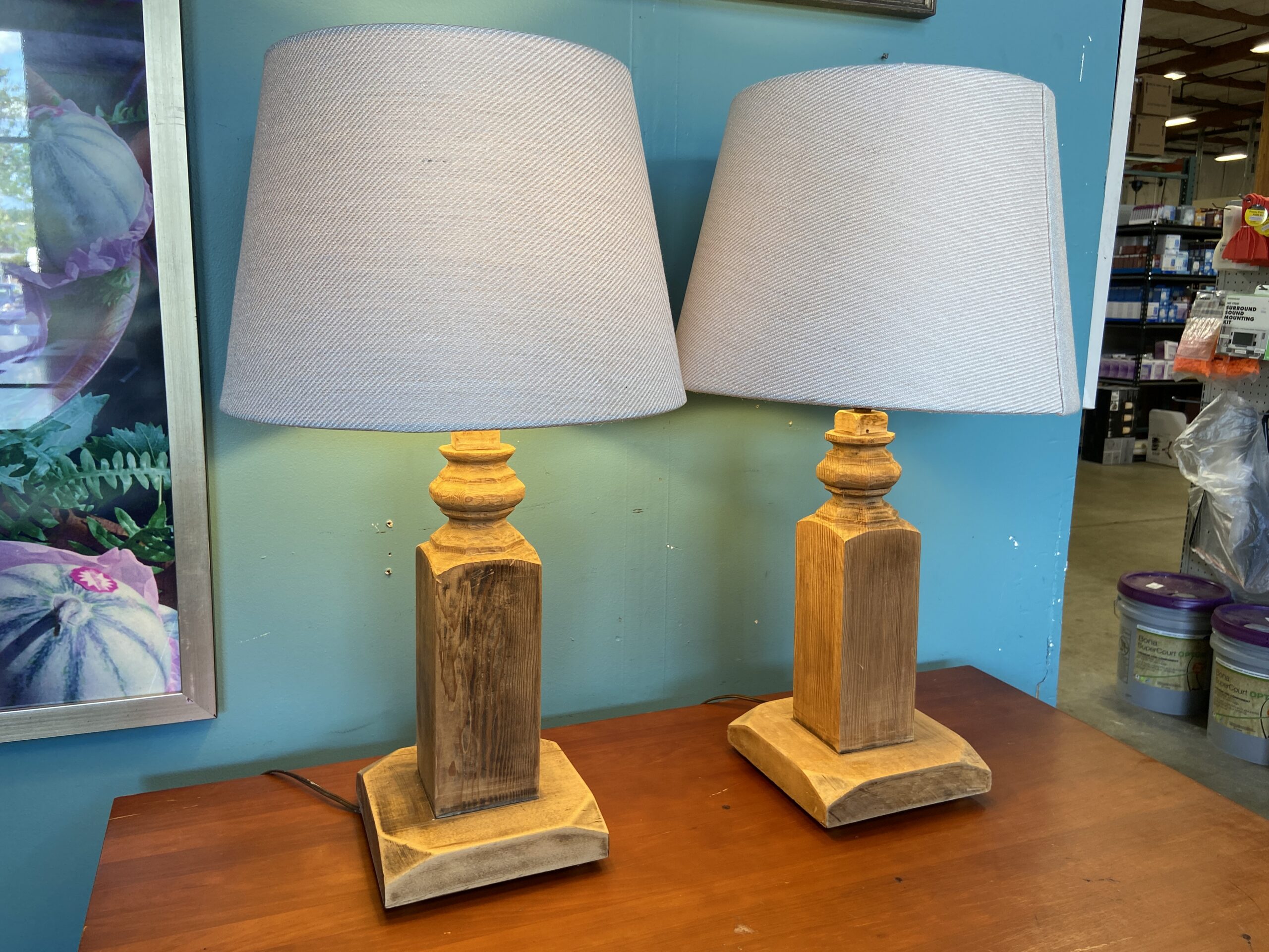 Carved Wooden Table Lamps w/ Woven Fabric Shades (Set of 2)