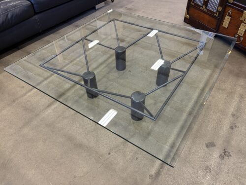 Square Glass Top Coffee Table with Gunmetal Grey Sculputal Metal Base