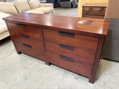 Cherry Finished 6 Drawer Dresser with Recessed Accessory Bowl and Black Metal Pulls