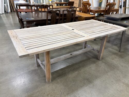 TIRTO FURNITURE 84" Weathered Teak Outdoor Slatted Top Dining Table with Trestle Base