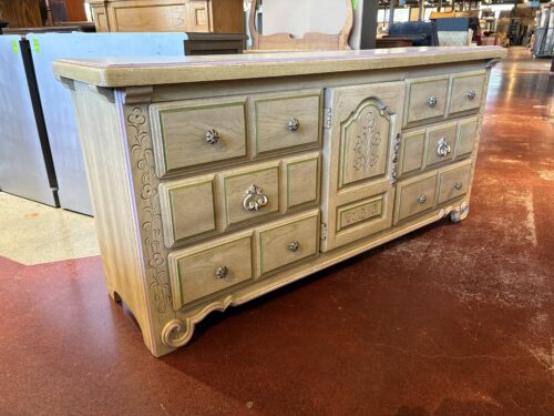Weathered Gray 9-Drawer Dresser with Floral Carvings