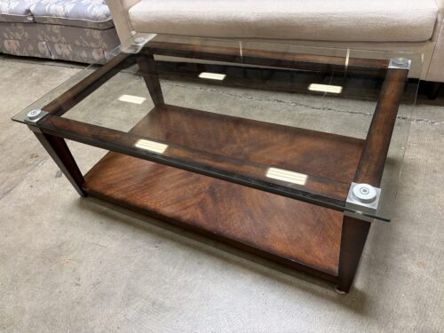 Amber Finished Glass Top 2 Tier Wooden Frame Coffee Table