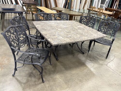 Square Stone Top Outdoor Dining Table with 6 Black Metal Floral Chairs