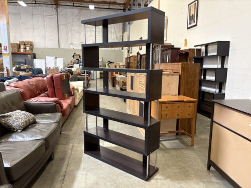 Deep Espresso Finished Sepentine Etagere Bookcase with Chrome Accents