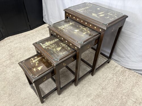 Vintage Japanese Scenic Mother of Pearl Inlay Nesting Tables (Set of 4)