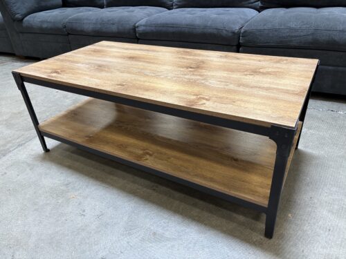 Rustic Top 2 Tier Industrial Style Coffee Table with Black Metal Base
