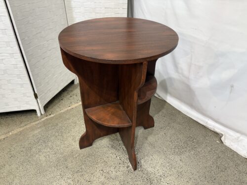 Arts and Crafts Style Round Wooden Side Table with Built-in Lower Shelves