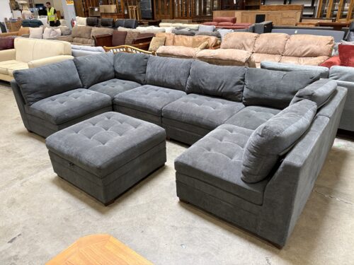 THOMASVILLE Charcoal Grey 7 Piece Modular Tufted Sofa with Pneumatic Storage Ottoman