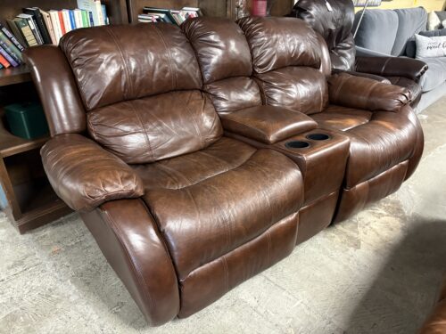 Dark Brown Manual Reclining Leather 2-Seat Sofa w/ Storage Console
