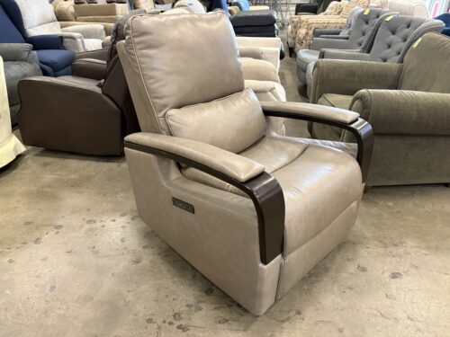 JASON FURNITURE Stone Grey Leather Power Recliner with Wooden Rail Arms and Adjustable Headrest