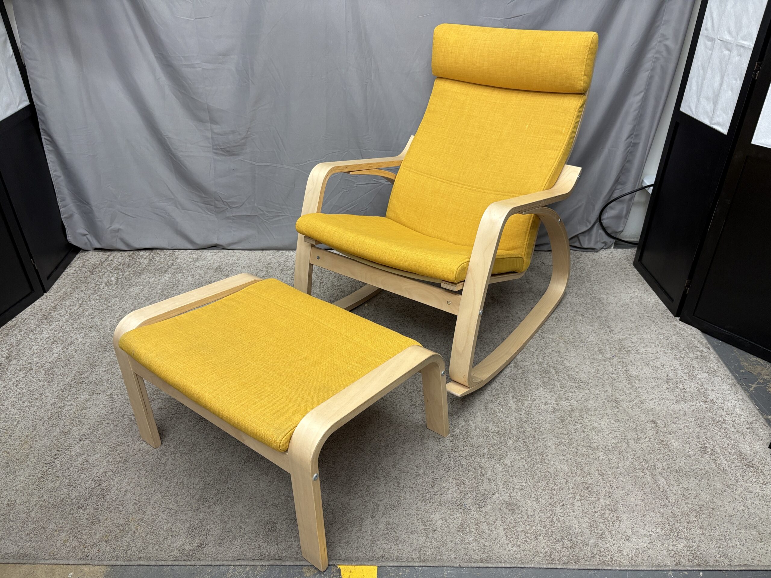 IKEA Poang Birch Veneer Rocking Chair & Ottoman w/ Yellow Cushion (Set of 2)