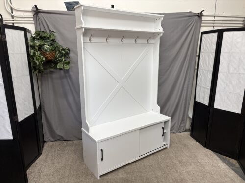 White Modern Farmhouse Hall Tree w/ Sliding Door Shoe Cabinet