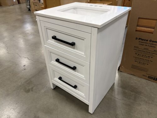 NEW! ALLEN + ROTH Norton 24" White Single Sink Bathroom Vanity with Engineered Carrara Marble Top