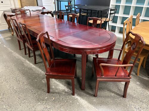 Vintage Chinese Made in Hong Kong Rosewood Extension Table w/ 8 Chairs