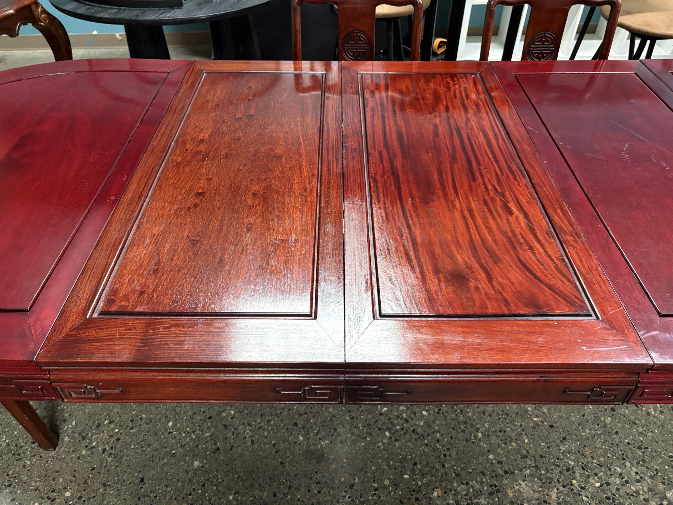 Vintage Chinese Made in Hong Kong Rosewood Extension Table w/ 8 Chairs