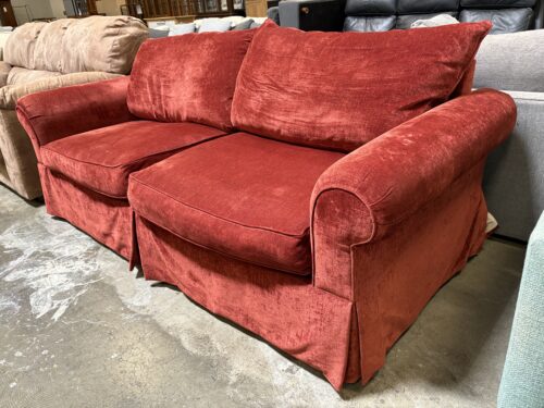 WOODMARK Vintage Brick Red Micro Chenille Down Filled Roll Arm Sofa