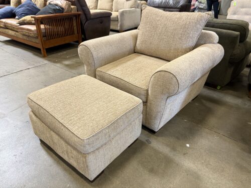 Textured Beige Woven Roll Arm Accent Chair with Ottoman