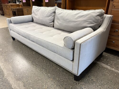 PEPPER BERRY Pebble Grey Upholstered Tufted Bench Sofa w/ Nailhead Trim