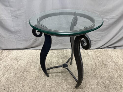 Modern Scroll Wrought Iron Outdoor Round Glass Top Side Table
