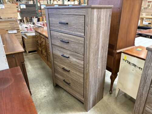 ASHLEY FURNITURE 5 Drawer Chest with Warm Grey Vintage Finish and Rustic Black Pulls