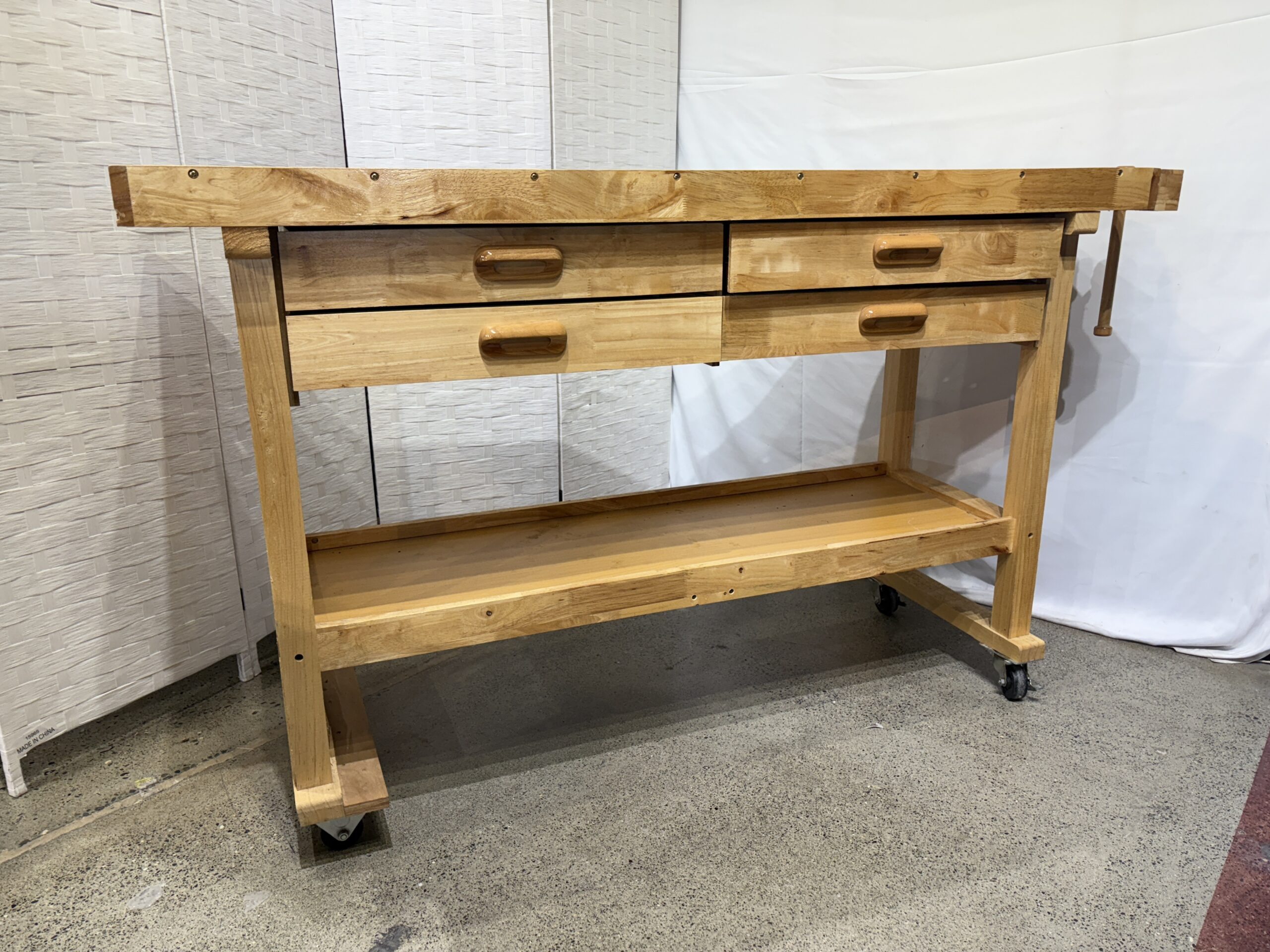 Hardwood Workbench with Four Drawers and Onboard Wood Vise
