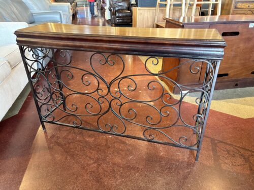 Wood Top Console Table with Ornate Iron Scrollwork Base