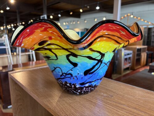 Vibrant Rainbow Hand-Blown Studio Art Glass Centerpiece Bowl