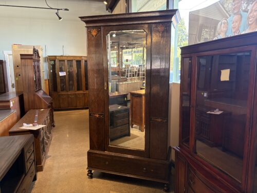 Antique Oak Wardrobe with Single Beveled Mirrored Door and Inlaid Decorative Panels
