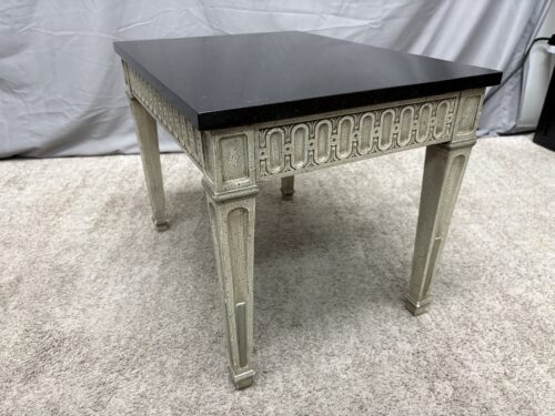 HENREDON Vintage Distressed Cream Louis XVI Black Marble Top Accent Table
