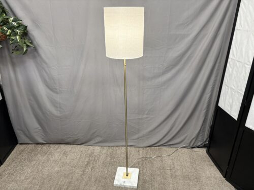 Modern Brushed Brass Marble Base Floor Lamp w/ White Drum Shade