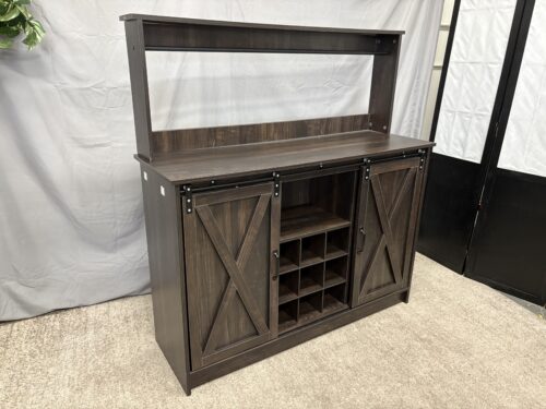 Dark Farmhouse Style 9-Bottle Bar Cabinet w/ Hutch