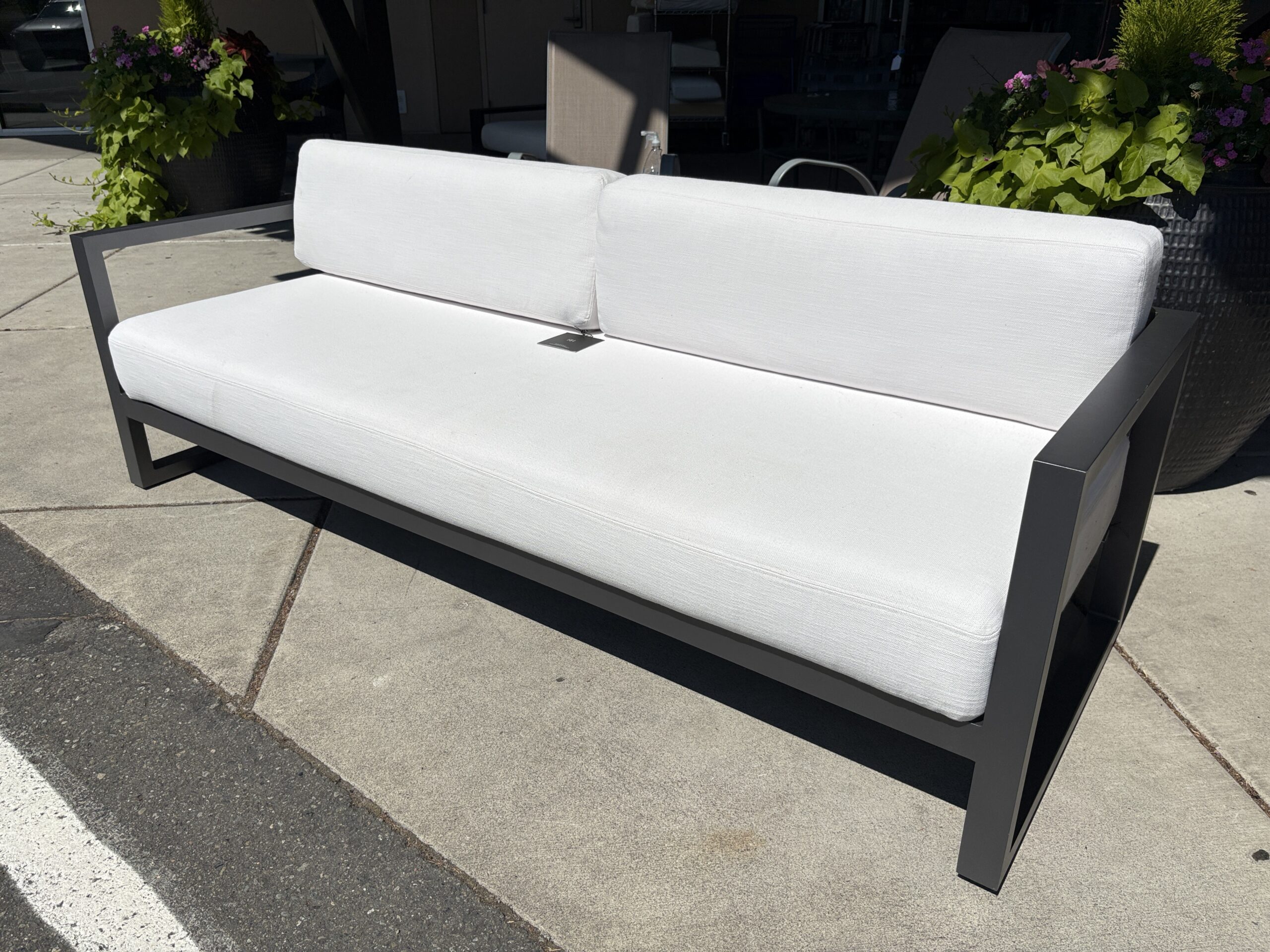 RESTORATION HARDWARE Aegean Slate Aluminum Outdoor Sofa w/ White Performance Texture Weave Cushions