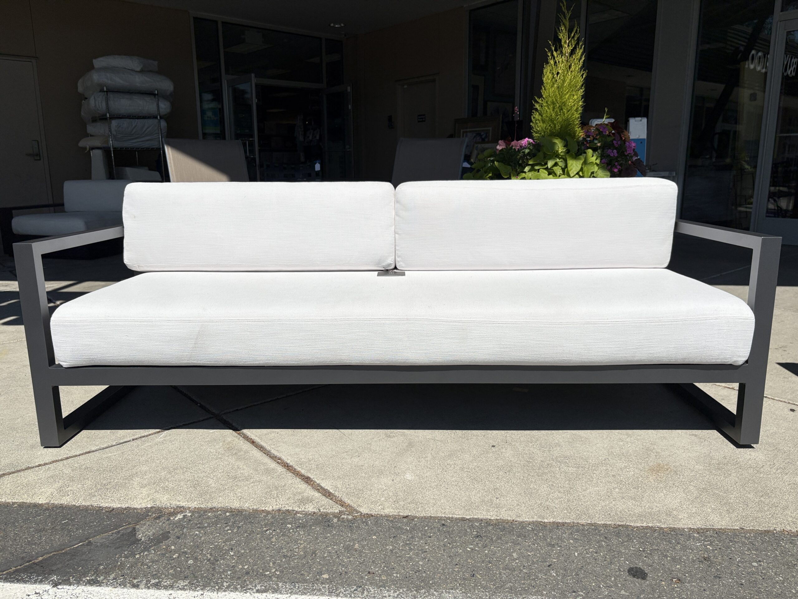 RESTORATION HARDWARE Aegean Slate Aluminum Outdoor Sofa w/ White Performance Texture Weave Cushions