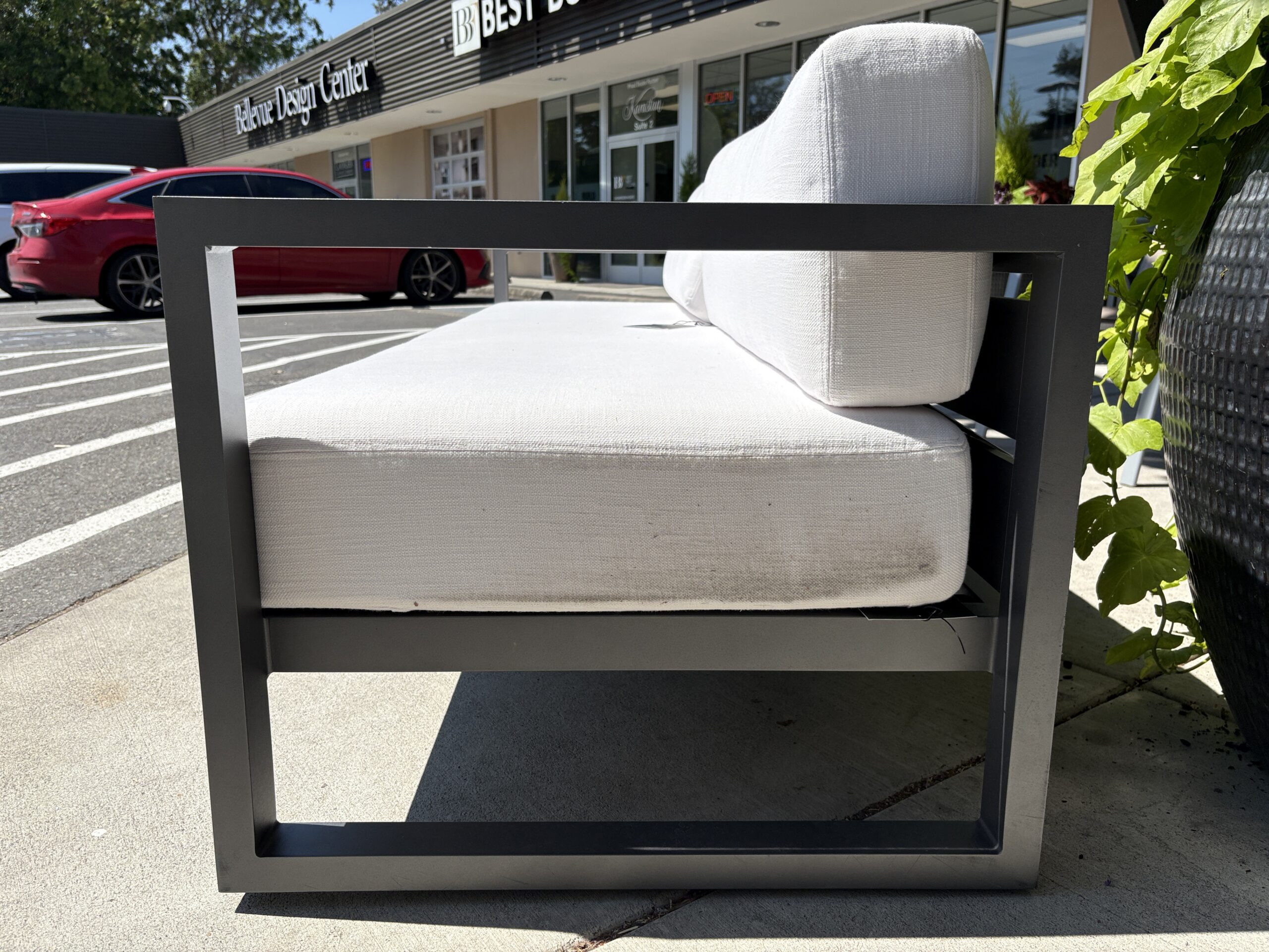 RESTORATION HARDWARE Aegean Slate Aluminum Outdoor Sofa w/ White Performance Texture Weave Cushions