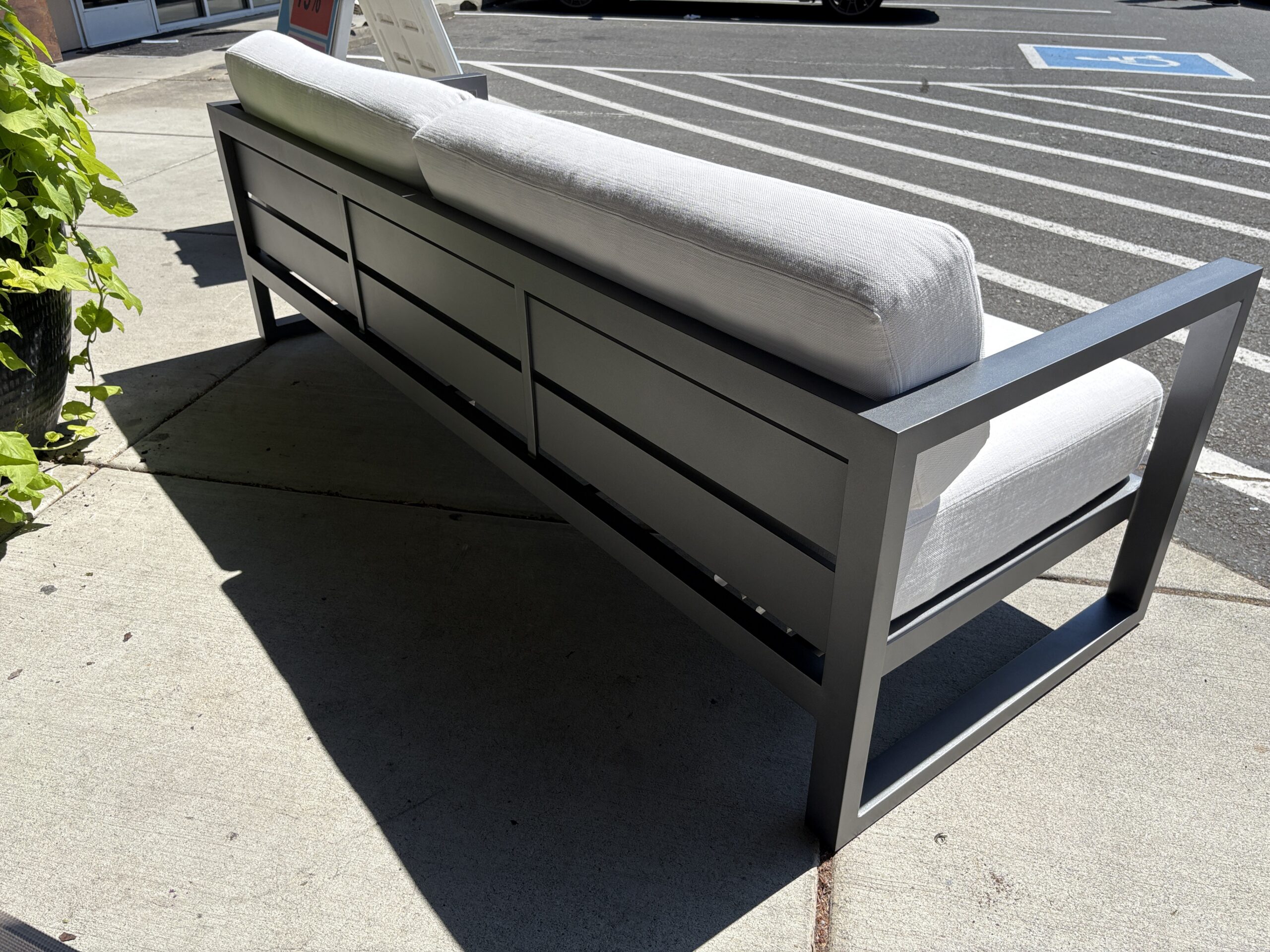 RESTORATION HARDWARE Aegean Slate Aluminum Outdoor Sofa w/ White Performance Texture Weave Cushions