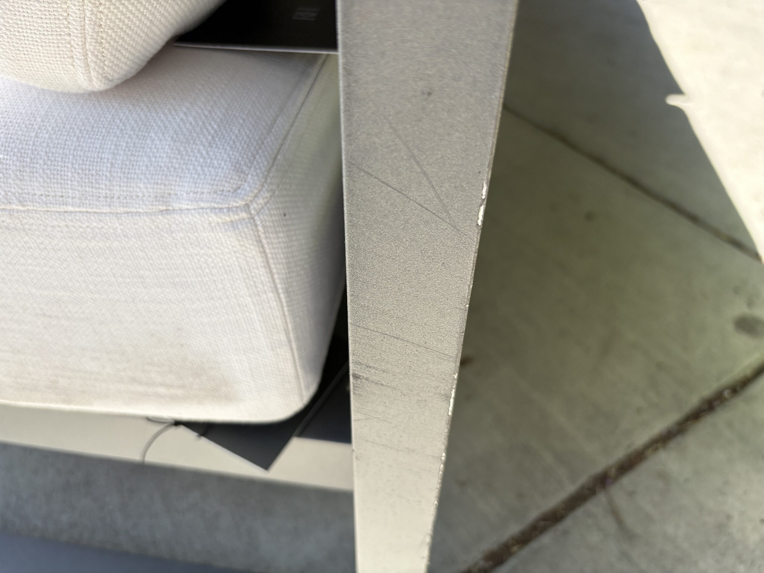 RESTORATION HARDWARE Aegean Slate Aluminum Outdoor Sofa w/ White Performance Texture Weave Cushions