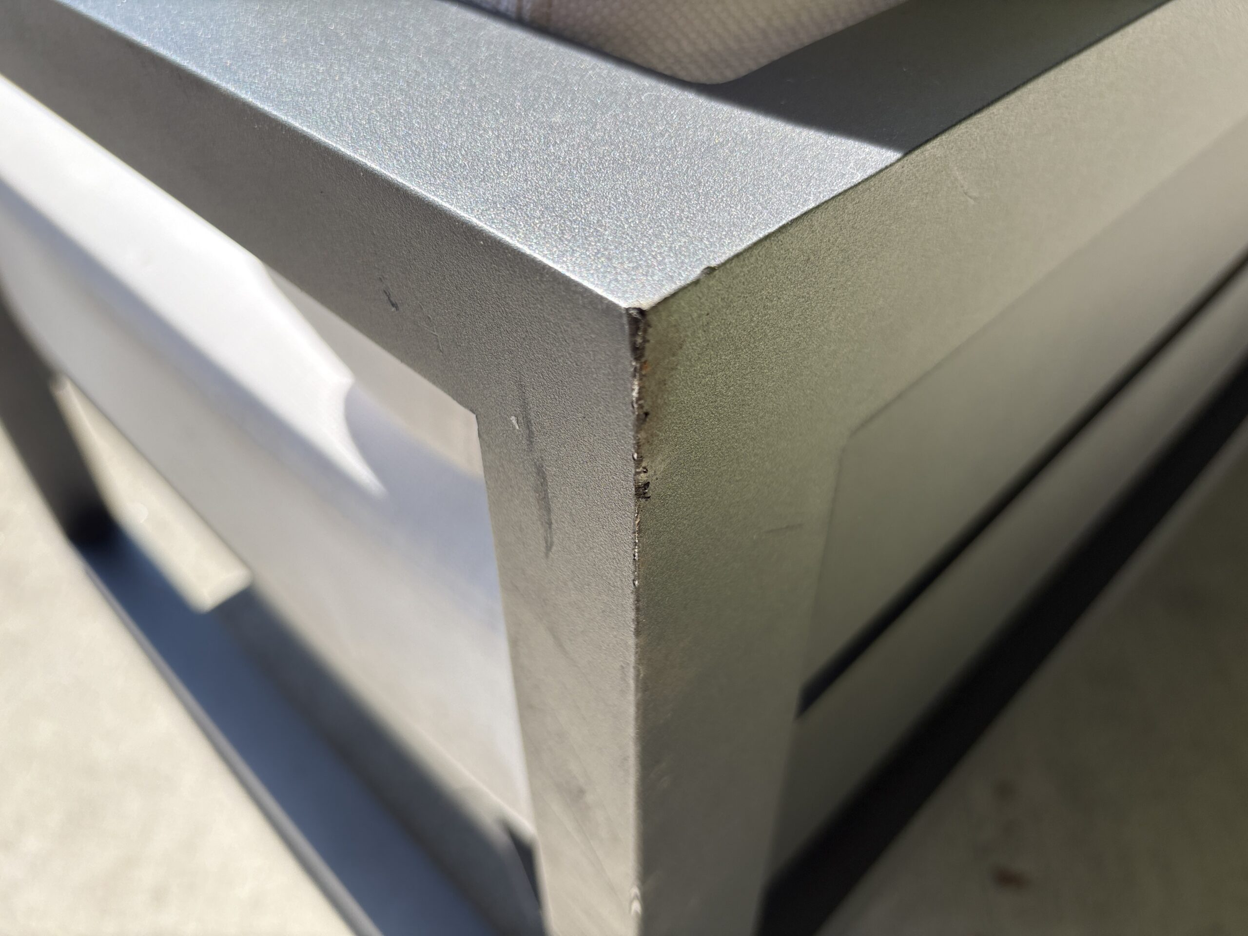 RESTORATION HARDWARE Aegean Slate Aluminum Outdoor Sofa w/ White Performance Texture Weave Cushions