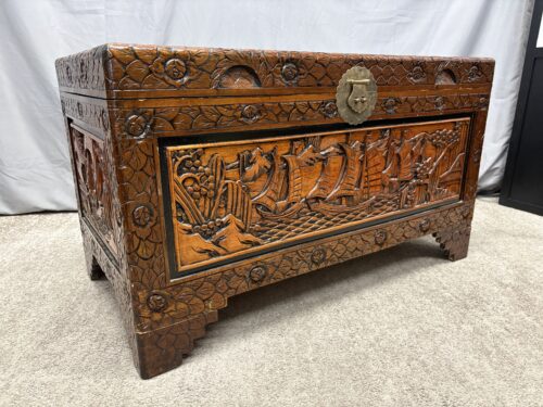 DONG YANG Vintage Intricately Carved Chinese Camphor Wooden Chest